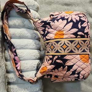Vera Bradley Quilted Pink and Navy Floral Shoulder Bag with Orange Accents